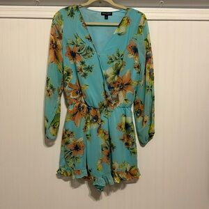 About a Girl blue, pink & green floral long sleeve romper